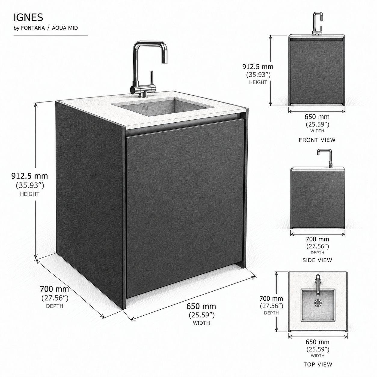 Fontana IGNES Sink MID 65 dimension sketch — 650 mm wide, 700 mm deep and 912.5 mm high