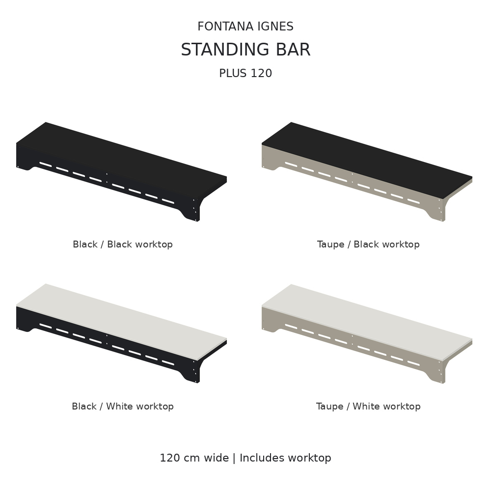 IGNES Standing Bar PLUS 120 – Black and Taupe frames with both worktop options