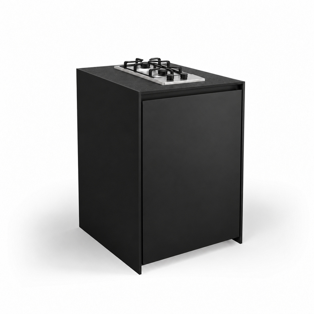 IGNES Side Burner Gas MID 65, Black Noir Avenue worktop, Black RAL 9011 cabinet, matte black handles