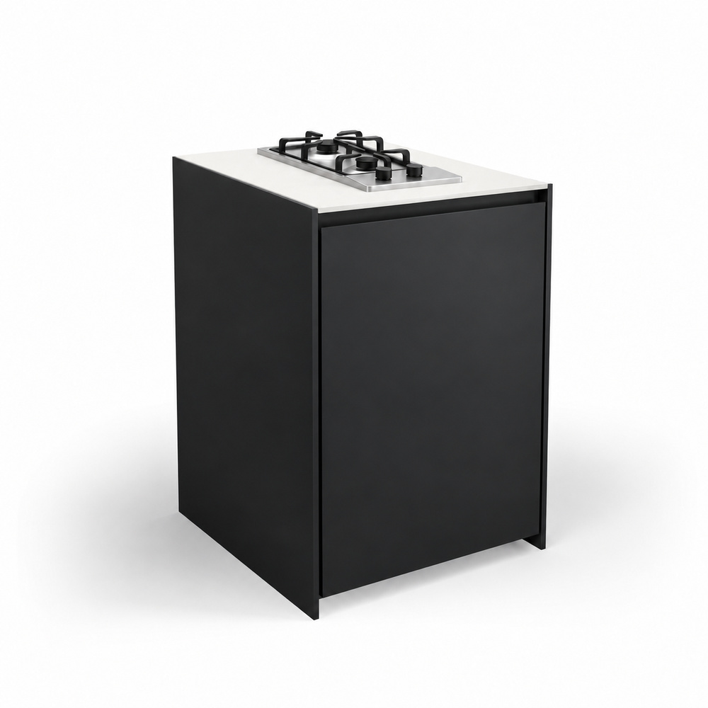 IGNES Side Burner Gas MID 65, White Boulevard worktop, Black RAL 9011 cabinet, matte black handles