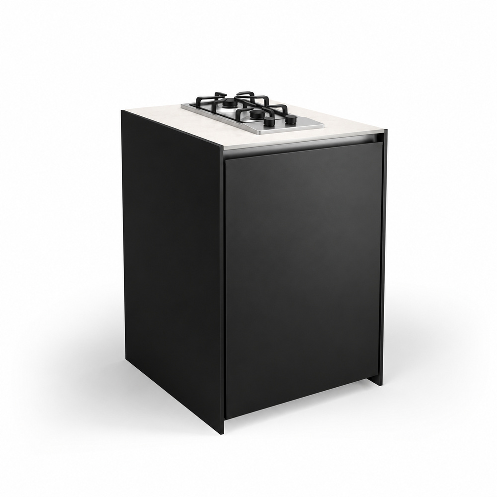 IGNES Side Burner Gas MID 65, White Boulevard worktop, Black RAL 9011 cabinet, 304 stainless steel handles
