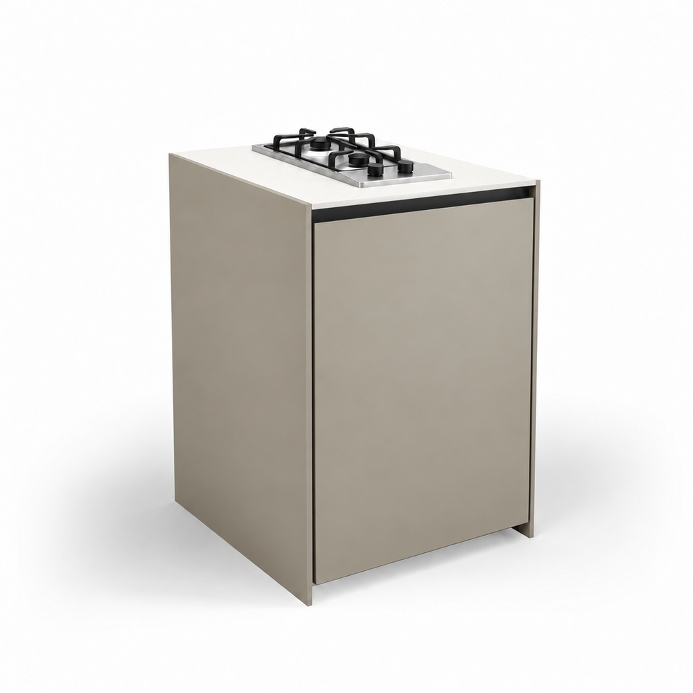 IGNES Side Burner Gas MID 65, White Boulevard worktop, Taupe RAL 7032 cabinet, matte black handles