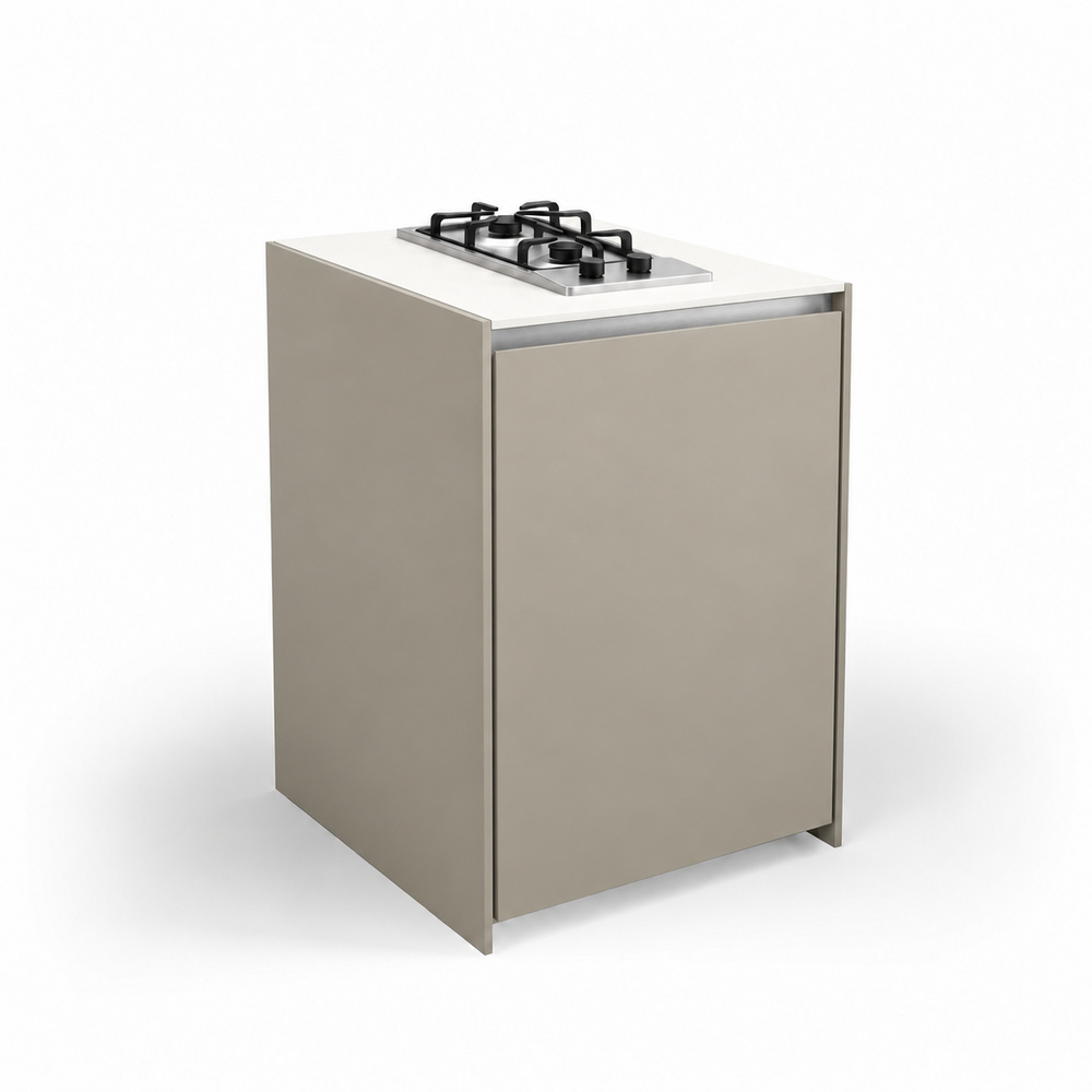 IGNES Side Burner Gas MID 65, White Boulevard worktop, Taupe RAL 7032 cabinet, 304 stainless steel handles
