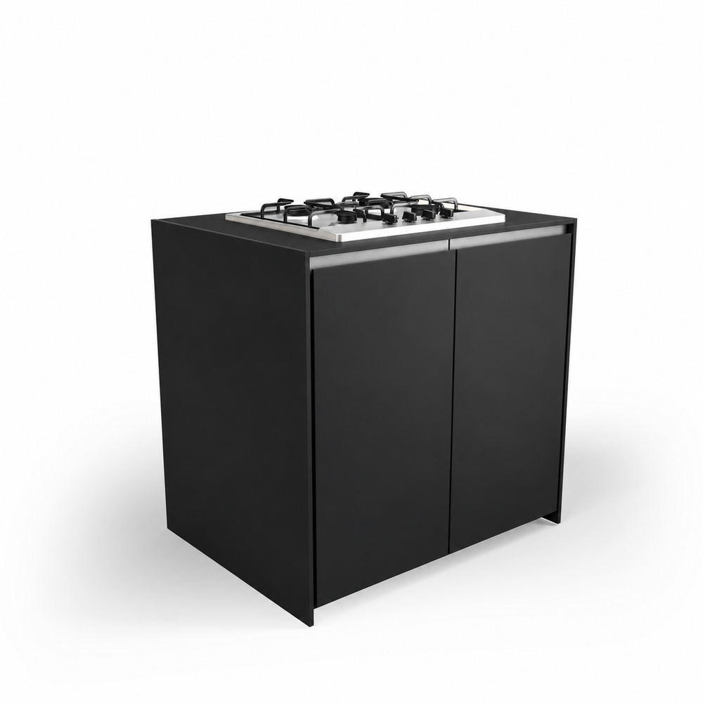 IGNES Side Burner Gas MAX 90, Black Noir Avenue worktop, Black RAL 9011 cabinet, 304 stainless steel handles