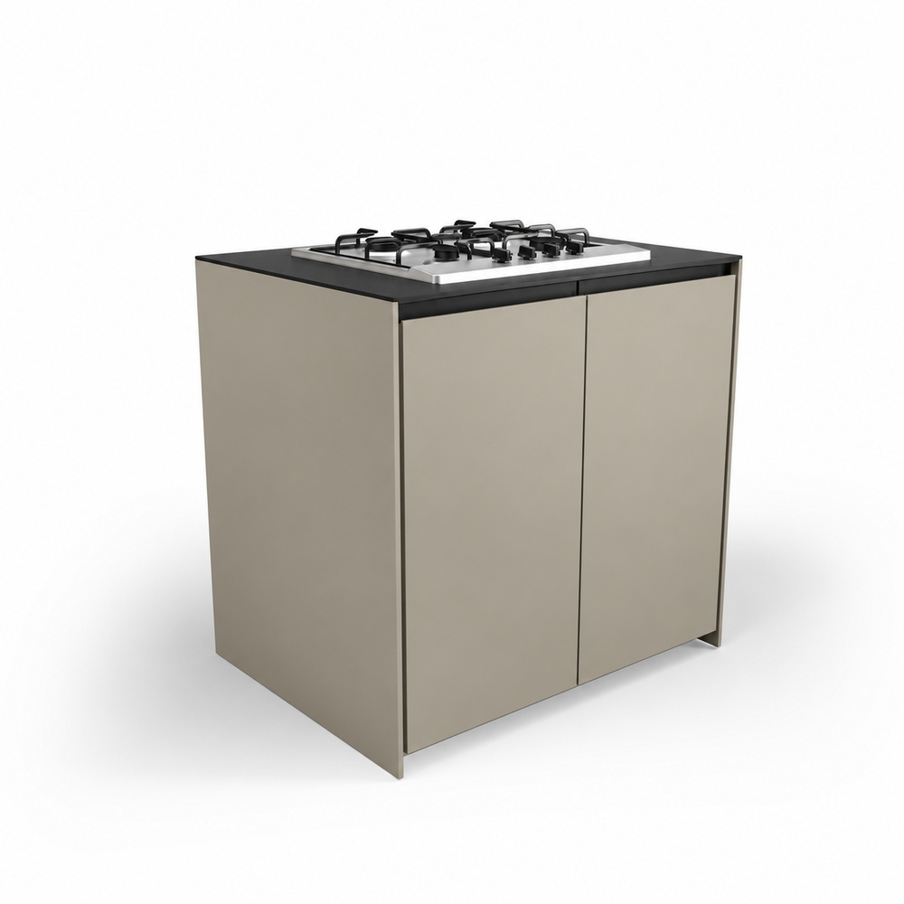 IGNES Side Burner Gas MAX 90, Black Noir Avenue worktop, Taupe RAL 7032 cabinet, matte black handles