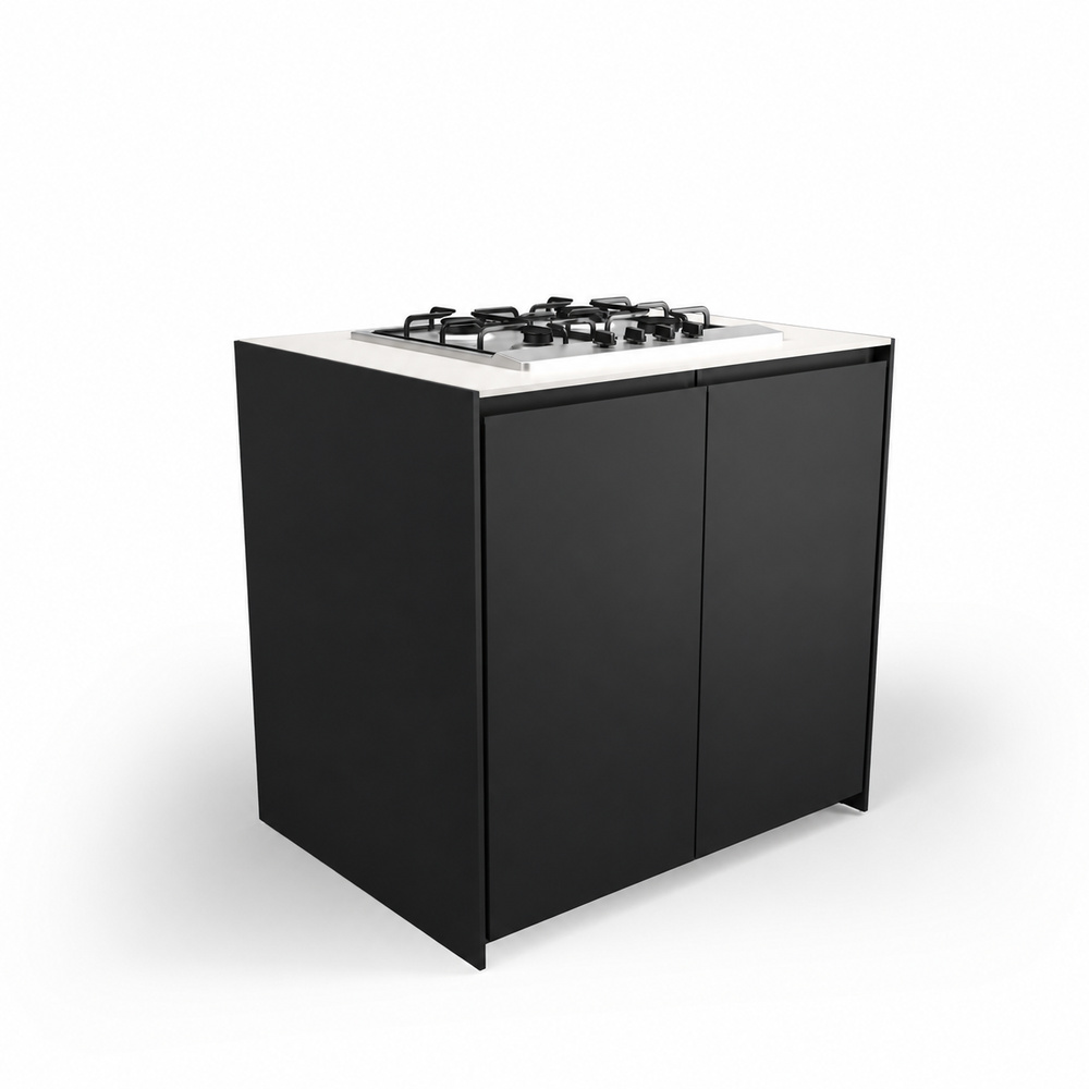 IGNES Side Burner Gas MAX 90, White Boulevard worktop, Black RAL 9011 cabinet, matte black handles