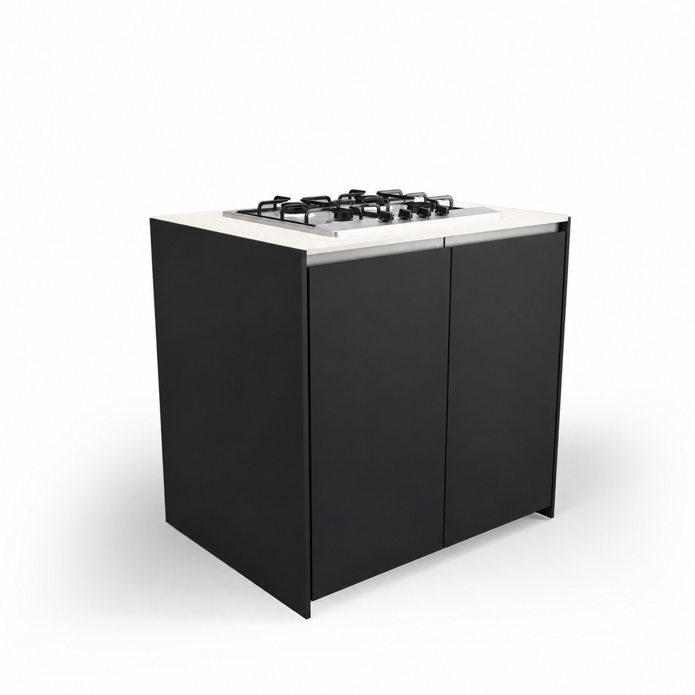 IGNES Side Burner Gas MAX 90, White Boulevard worktop, Black RAL 9011 cabinet, 304 stainless steel handles