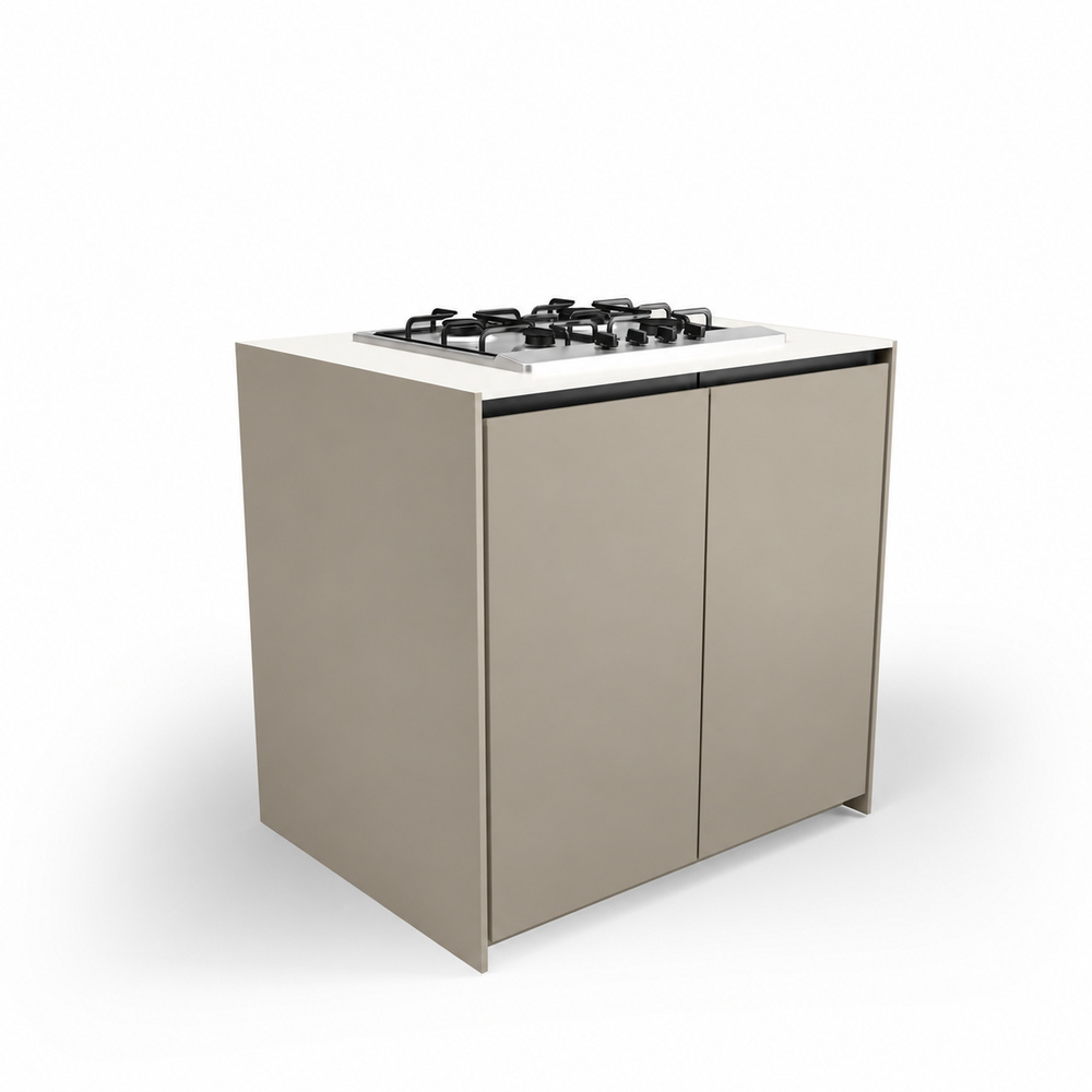 IGNES Side Burner Gas MAX 90, White Boulevard worktop, Taupe RAL 7032 cabinet, matte black handles