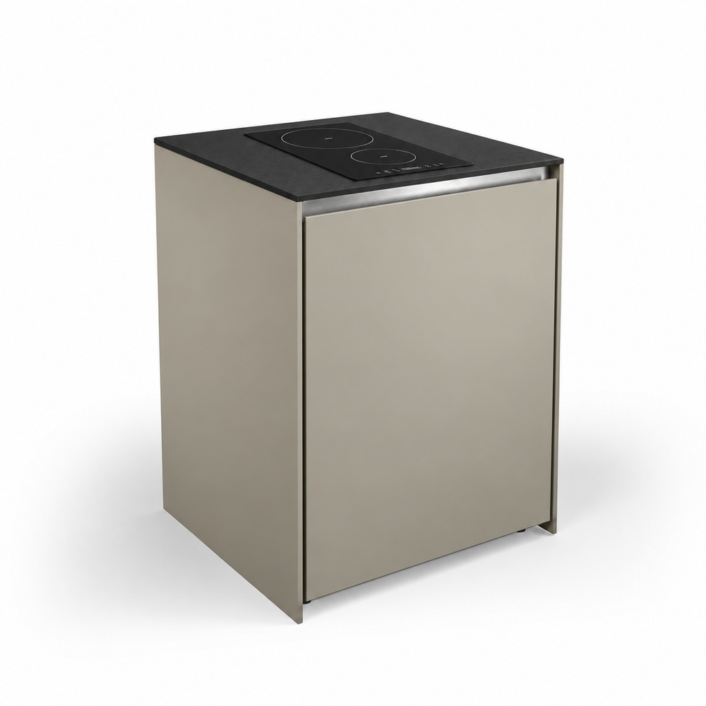 IGNES Induction Hob MID 65 two-zone, Taupe RAL7032 cabinet, Black Noir Avenue worktop, 304 stainless steel handle