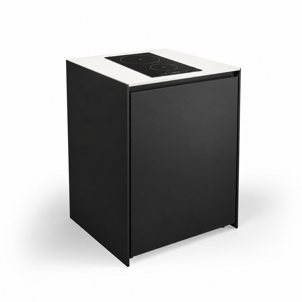 IGNES Induction Hob MID 65 two-zone, Black RAL9011 cabinet, White Boulevard worktop, matte black handle