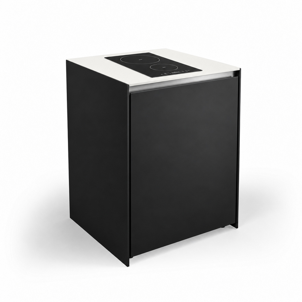 IGNES Induction Hob MID 65 two-zone, Black RAL9011 cabinet, White Boulevard worktop, 304 stainless steel handle