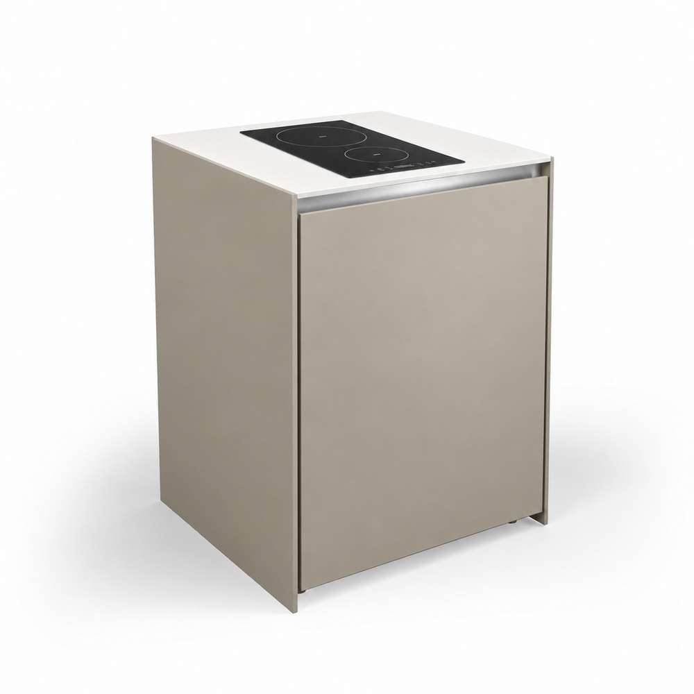 IGNES Induction Hob MID 65 two-zone, Taupe RAL7032 cabinet, White Boulevard worktop, 304 stainless steel handle