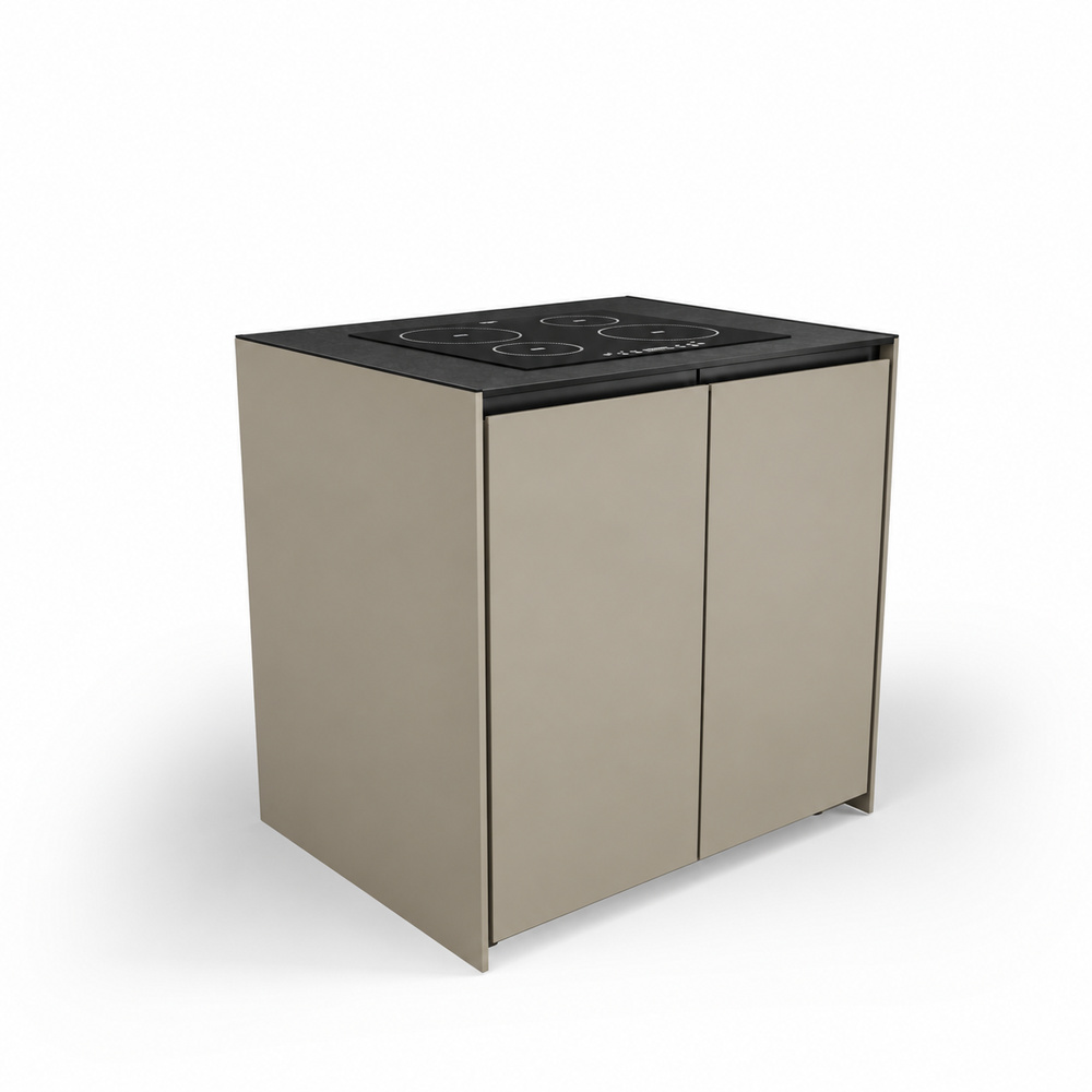 IGNES Induction Hob MAX 90 four-zone, Taupe RAL7032 cabinet, Black Noir Avenue worktop, matte black handle