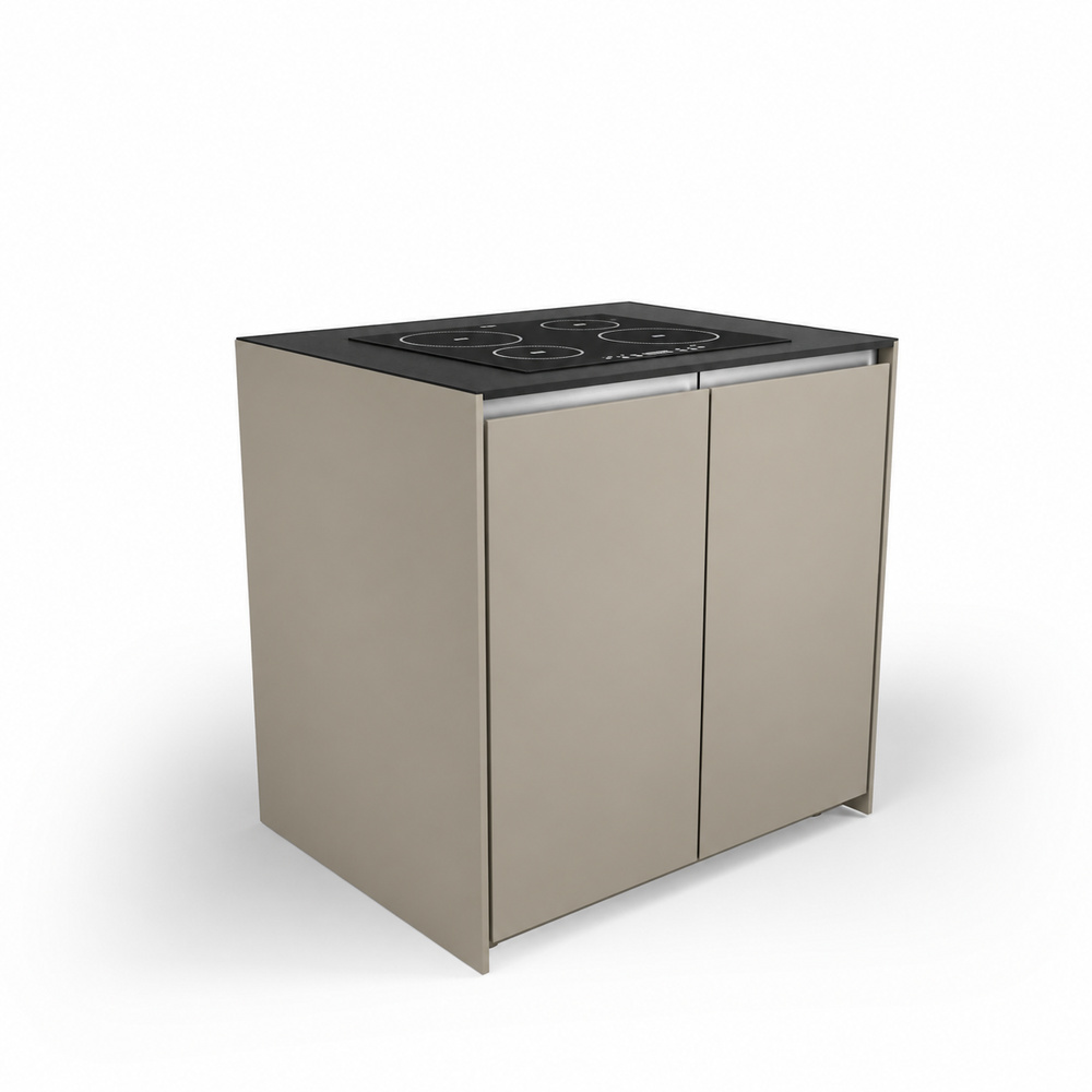 IGNES Induction Hob MAX 90 four-zone, Taupe RAL7032 cabinet, Black Noir Avenue worktop, 304 stainless steel handle