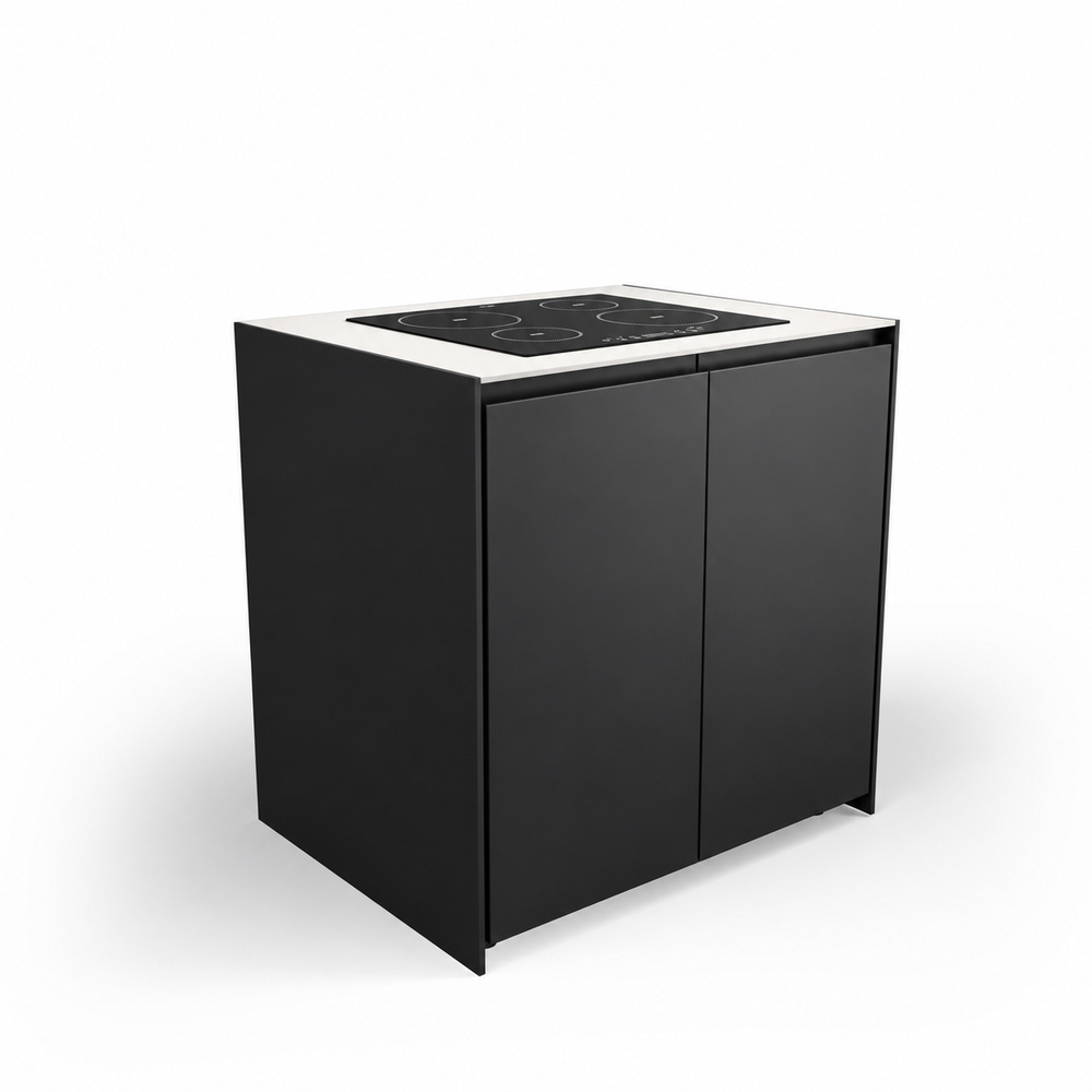 IGNES Induction Hob MAX 90 four-zone, Black RAL9011 cabinet, White Boulevard worktop, matte black handle