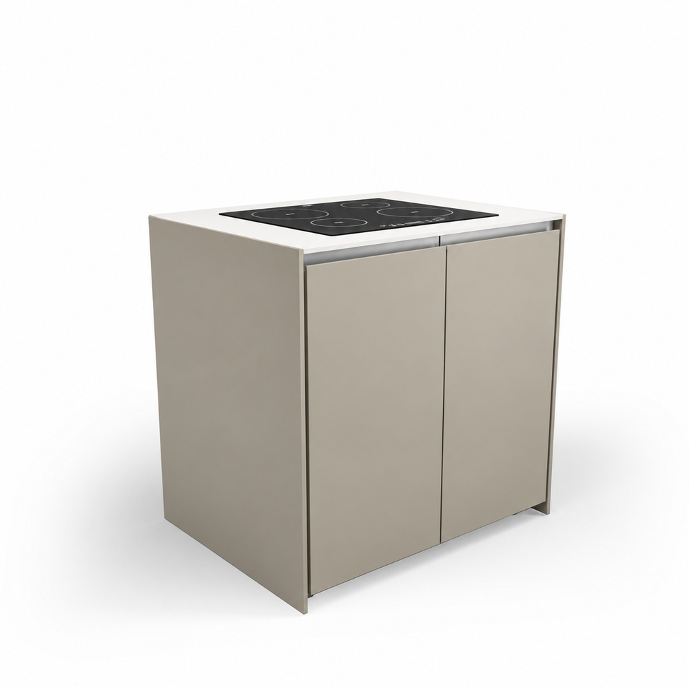 IGNES Induction Hob MAX 90 four-zone, Taupe RAL7032 cabinet, White Boulevard worktop, 304 stainless steel handle