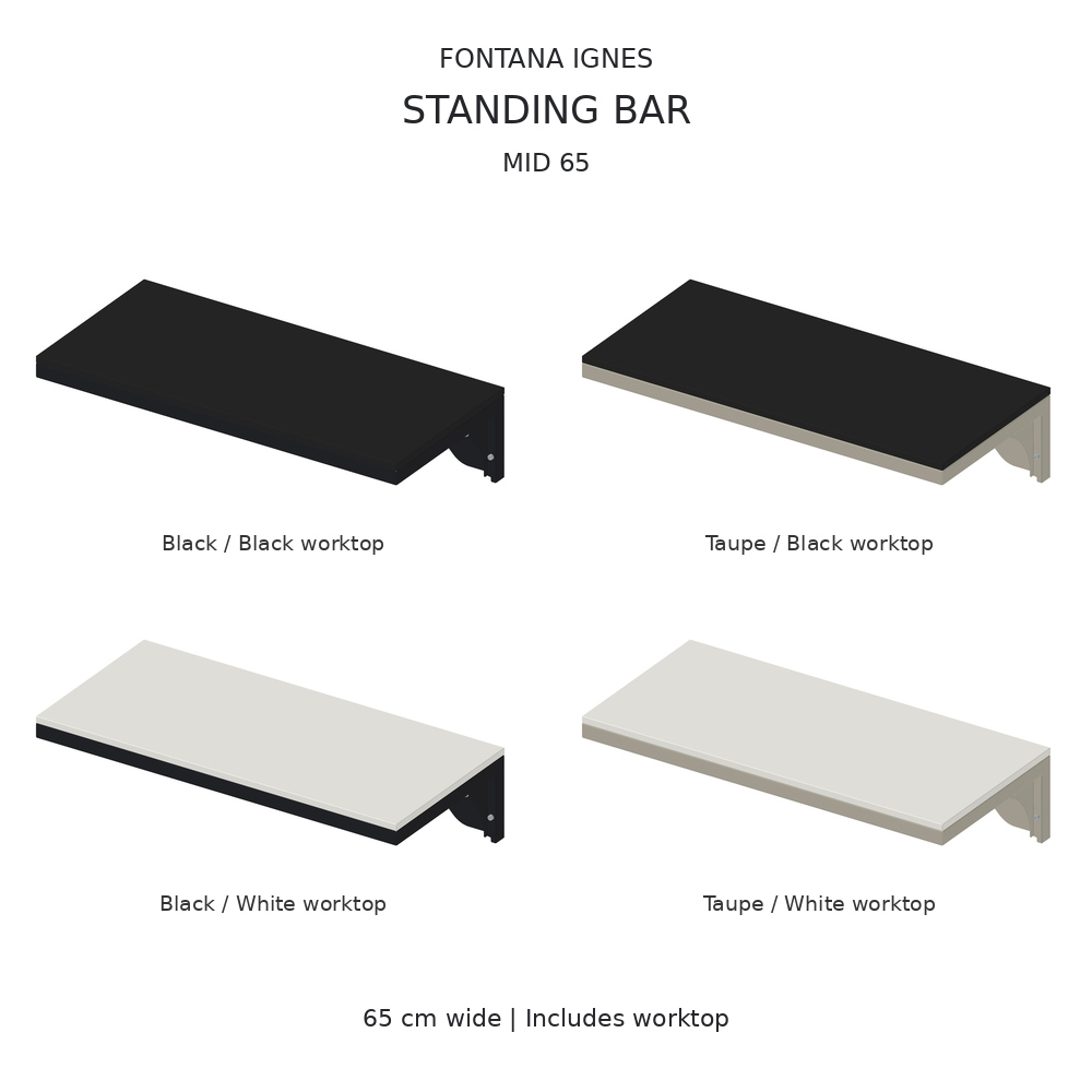 IGNES Standing Bar MID 65 – Black and Taupe frames with both worktop options