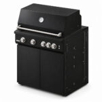 IGNES Status MID cabinet with grill, Black cabinet, Noir Avenue worktop, black cabinet handles, angled view. Stainless BBQ fittings and white thermometer.