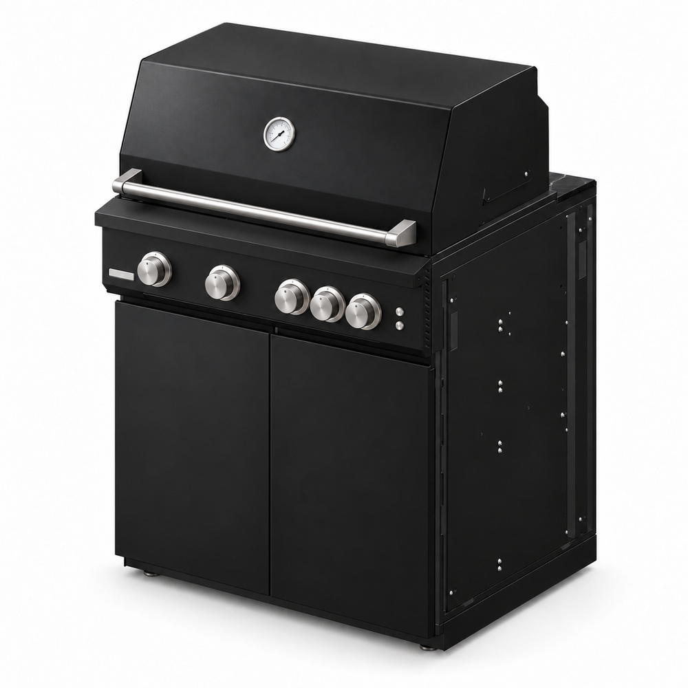 IGNES Status MID cabinet with grill, Black cabinet, Noir Avenue worktop, black cabinet handles, angled view. Stainless BBQ fittings and white thermometer.