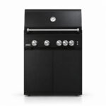 IGNES Status MID cabinet with grill – black cabinet, Noir Avenue worktop, black cabinet handles; stainless BBQ handle and controls, white thermometer; front view