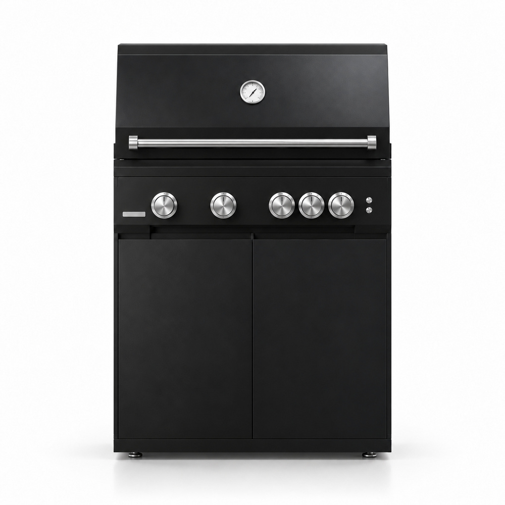 IGNES Status MID cabinet with grill – black cabinet, Noir Avenue worktop, black cabinet handles; stainless BBQ handle and controls, white thermometer; front view