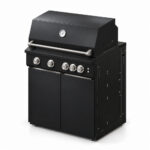 IGNES Status MID cabinet with grill, Black cabinet, Noir Avenue worktop, stainless cabinet handles, angled view. Stainless BBQ fittings and white thermometer.