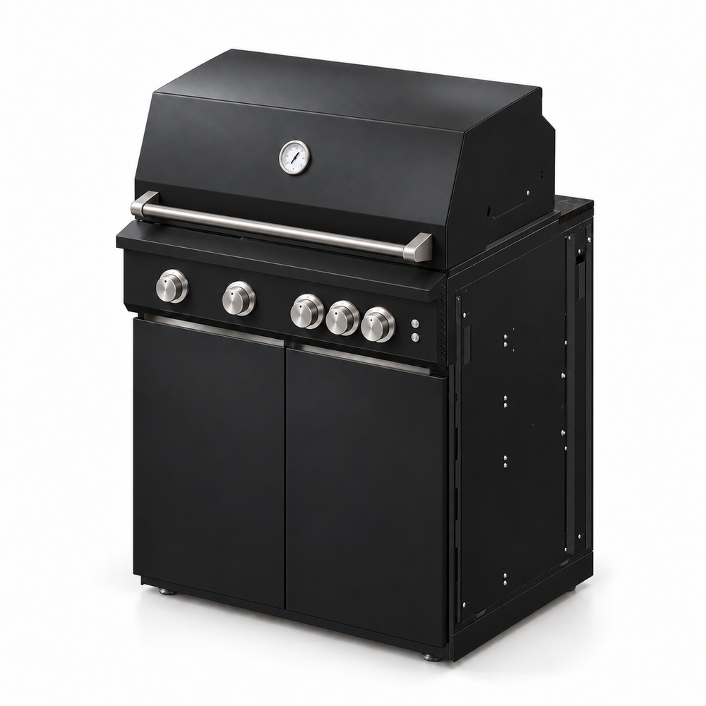 IGNES Status MID cabinet with grill, Black cabinet, Noir Avenue worktop, stainless cabinet handles, angled view. Stainless BBQ fittings and white thermometer.