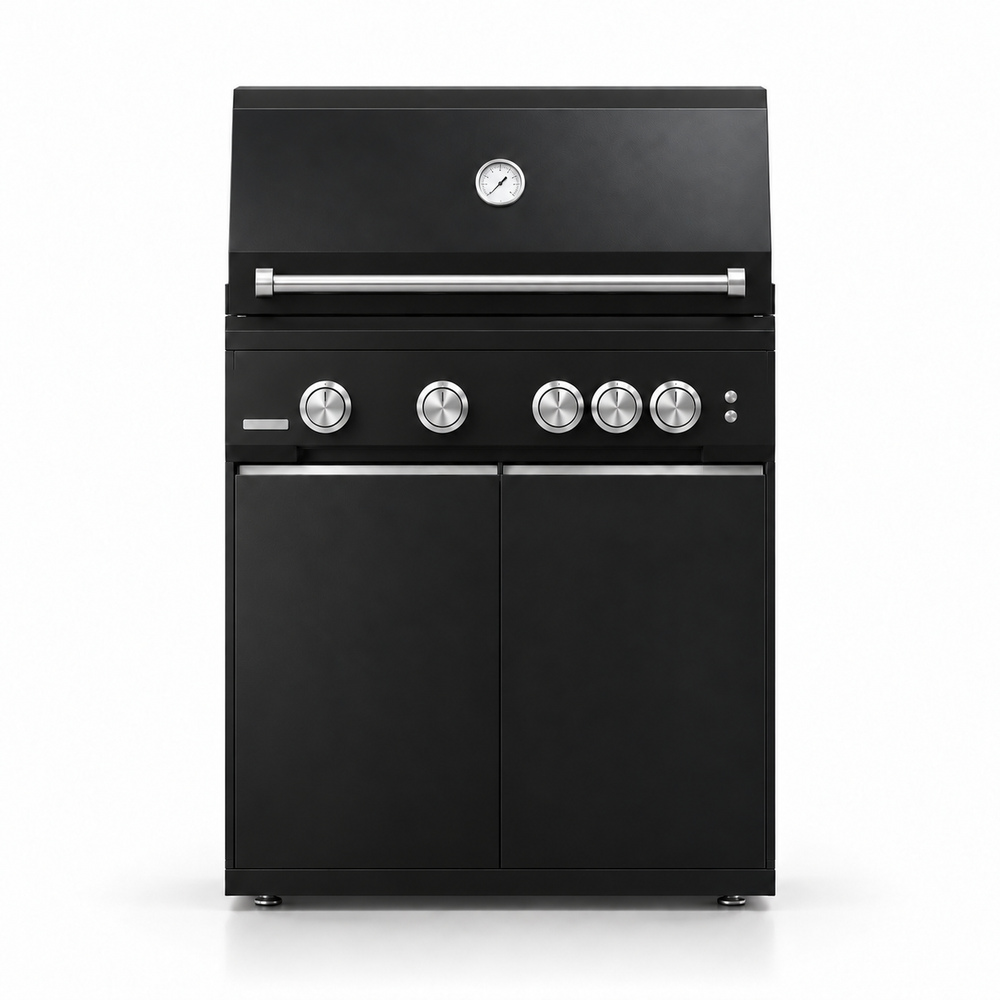 IGNES Status MID cabinet with grill, Black cabinet, Noir Avenue worktop, stainless cabinet handles, front view. Stainless BBQ handle and knobs, white thermometer.