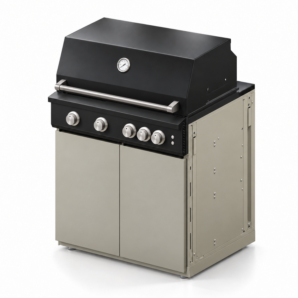 IGNES Status MID cabinet with grill, Taupe cabinet, Noir Avenue worktop, black cabinet handles, angled view. Stainless BBQ fittings and white thermometer.