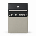 IGNES Status MID cabinet with grill, Taupe cabinet, Noir Avenue worktop, black cabinet handles, front view. Stainless BBQ handle and knobs, white thermometer.