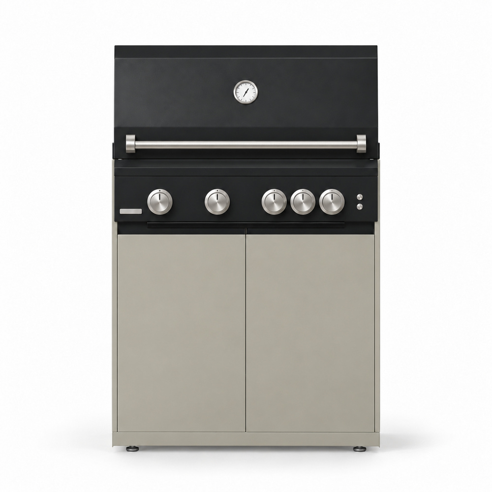 IGNES Status MID cabinet with grill, Taupe cabinet, Noir Avenue worktop, black cabinet handles, front view. Stainless BBQ handle and knobs, white thermometer.