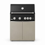 IGNES Status MID cabinet with grill, Taupe cabinet, Noir Avenue worktop, stainless cabinet handles, front view. Stainless BBQ handle and knobs, white thermometer.
