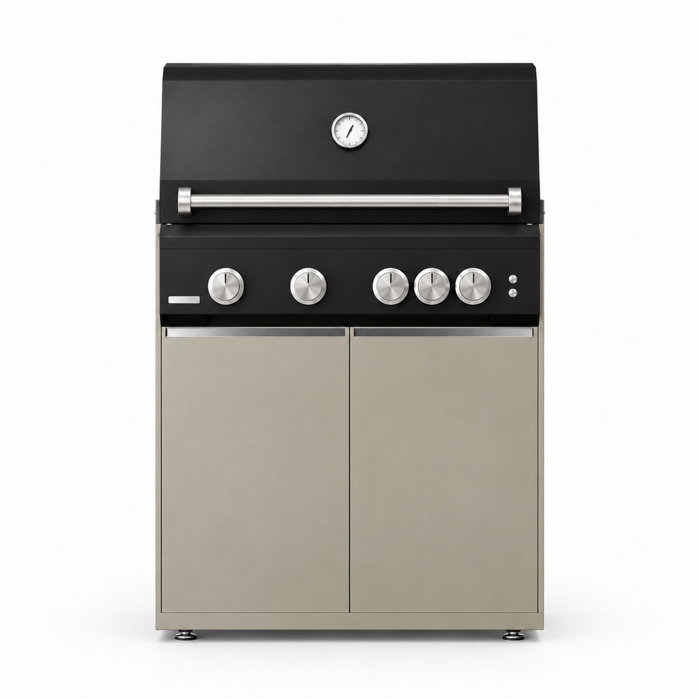 IGNES Status MID cabinet with grill, Taupe cabinet, Noir Avenue worktop, stainless cabinet handles, front view. Stainless BBQ handle and knobs, white thermometer.