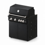 IGNES Status MID cabinet with grill, Black cabinet, White Boulevard worktop, black cabinet handles, angled view. Stainless BBQ fittings and white thermometer.