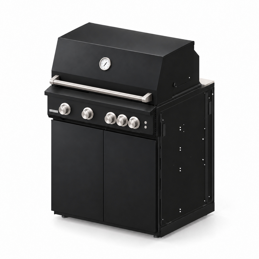 IGNES Status MID cabinet with grill, Black cabinet, White Boulevard worktop, black cabinet handles, angled view. Stainless BBQ fittings and white thermometer.