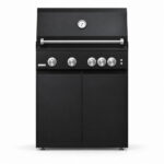 IGNES Status MID cabinet with grill, Black cabinet, White Boulevard worktop, black cabinet handles, front view. Stainless BBQ handle and knobs, white thermometer.