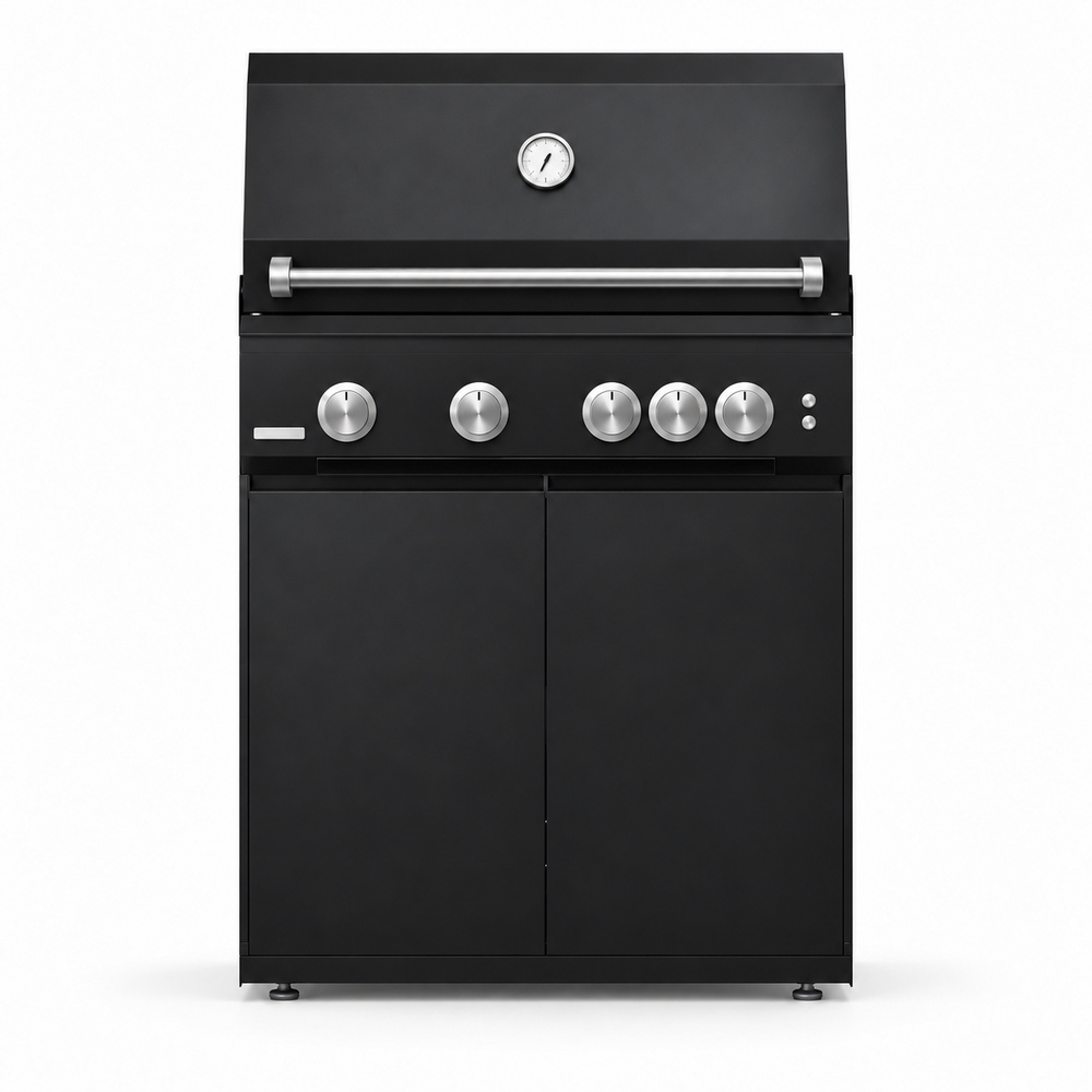 IGNES Status MID cabinet with grill, Black cabinet, White Boulevard worktop, black cabinet handles, front view. Stainless BBQ handle and knobs, white thermometer.