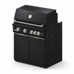 IGNES Status MID cabinet with grill, Black cabinet, White Boulevard worktop, stainless cabinet handles, angled view. Stainless BBQ fittings and white thermometer.
