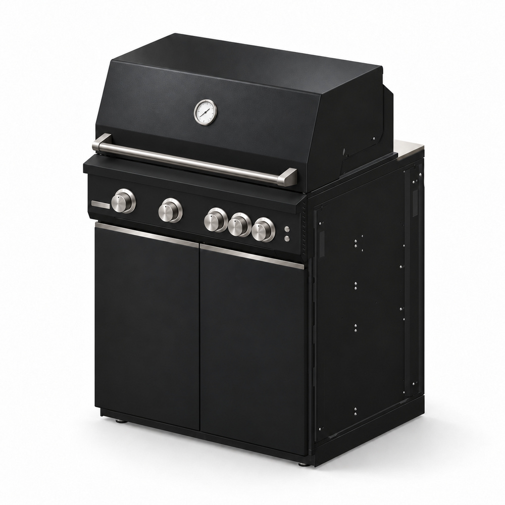 IGNES Status MID cabinet with grill, Black cabinet, White Boulevard worktop, stainless cabinet handles, angled view. Stainless BBQ fittings and white thermometer.