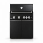 IGNES Status MID cabinet with grill, Black cabinet, White Boulevard worktop, stainless cabinet handles, front view. Stainless BBQ fittings and white thermometer.