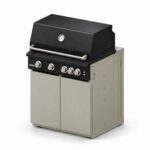 IGNES Status MID cabinet with grill, Taupe cabinet, White Boulevard worktop, black cabinet handles, angled view. Stainless BBQ fittings and white thermometer.