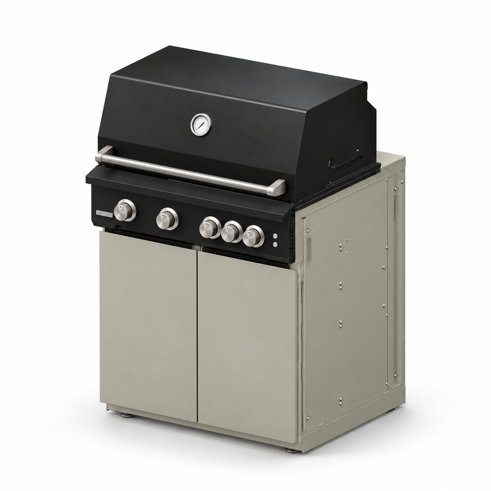 IGNES Status MID cabinet with grill, Taupe cabinet, White Boulevard worktop, black cabinet handles, angled view. Stainless BBQ fittings and white thermometer.