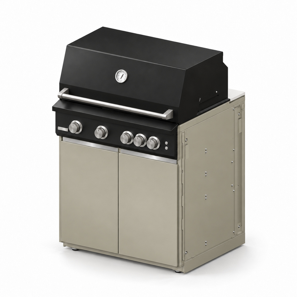 IGNES Status MID cabinet with grill, Taupe cabinet, White Boulevard worktop, stainless cabinet handles, angled view. Stainless BBQ fittings and white thermometer.