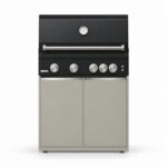 IGNES Status MID cabinet with grill, Taupe cabinet, White Boulevard worktop, stainless cabinet handles, front view. Stainless BBQ fittings and white thermometer.