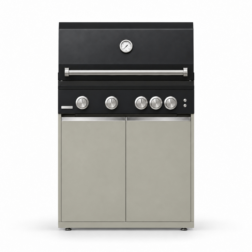 IGNES Status MID cabinet with grill, Taupe cabinet, White Boulevard worktop, stainless cabinet handles, front view. Stainless BBQ fittings and white thermometer.