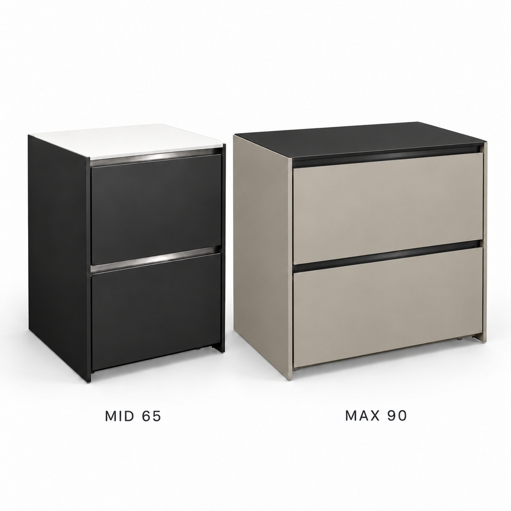 Fontana IGNES MID 65 and MAX 90 double-drawer cabinets with black worktops