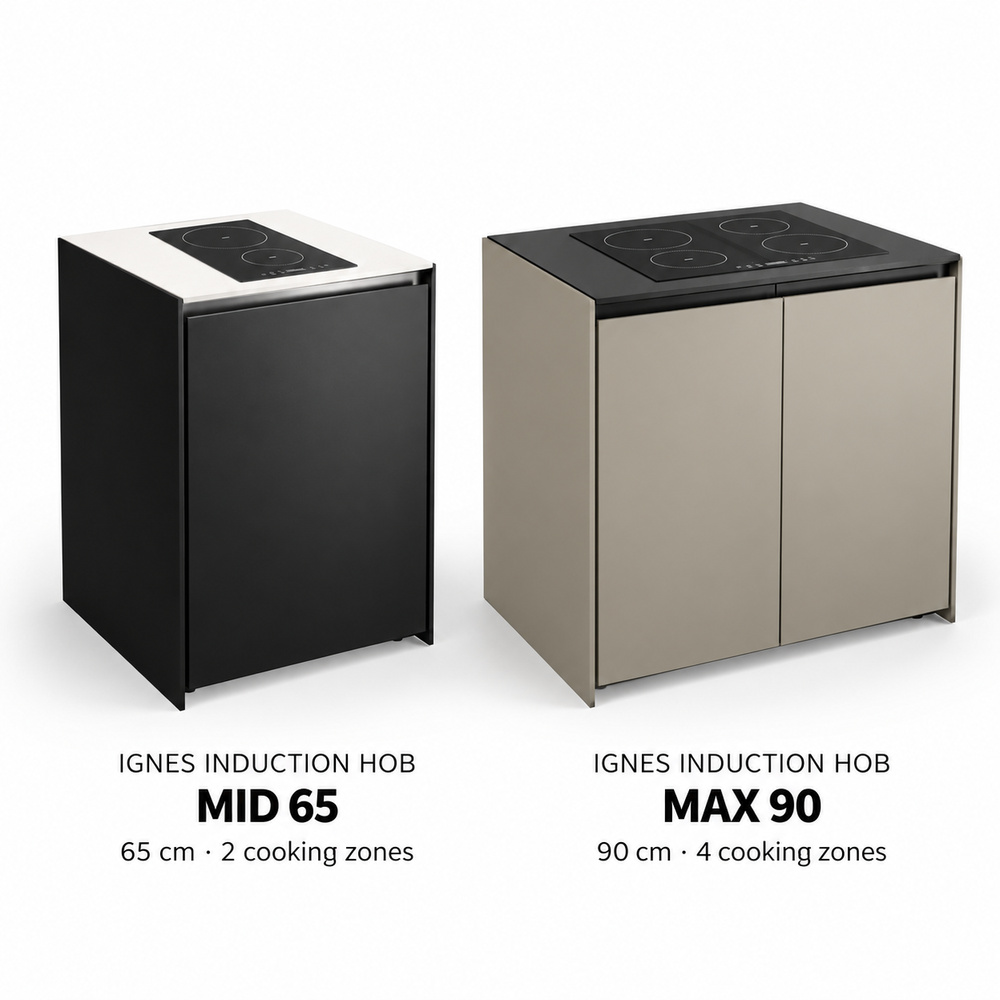 IGNES Induction Hob MID 65 and MAX 90 side by side with names and widths