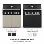 IGNES Status Flame MAX 5 Burner Cabinet with Grill in Taupe with black worktop and black handle inlays, alongside Black with white worktop and stainless handle inlays.