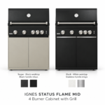 IGNES Status Flame MID 4 Burner Cabinet with Grill in Taupe with black worktop and black handle inlays, and Black with white worktop and stainless handle inlays.