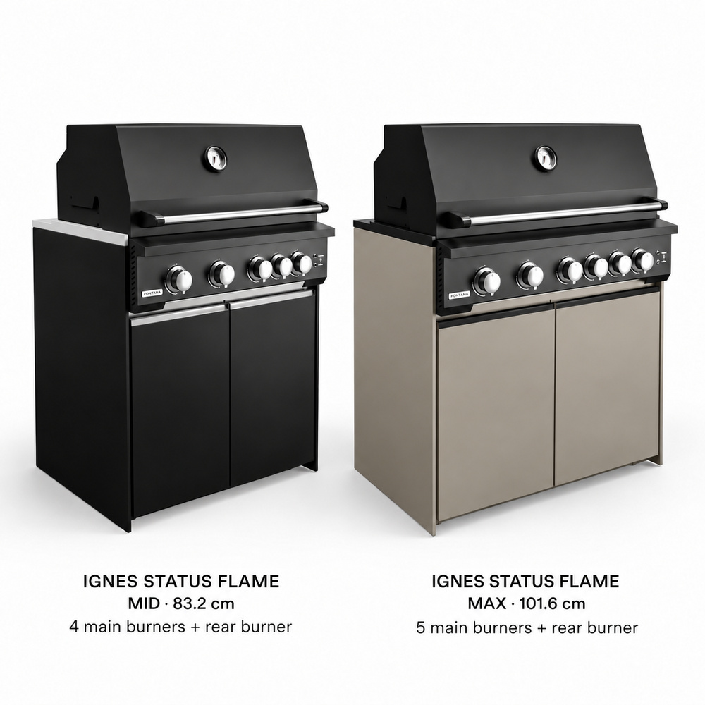 IGNES Status Flame MID and MAX cabinets with grills, names and sizes shown